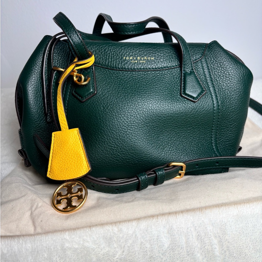 Tory Burch Dark Green Satchel with Yellow Tag